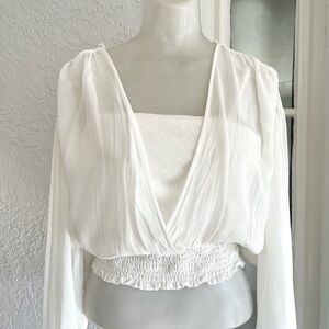 Anthropologie Cropped Tie Shoulder Blouse | Sheer Long Sleeve Lined Top Size XS